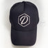 Black 5 Panel Cap, White thread, Embroidered D Logo, Front, Above View